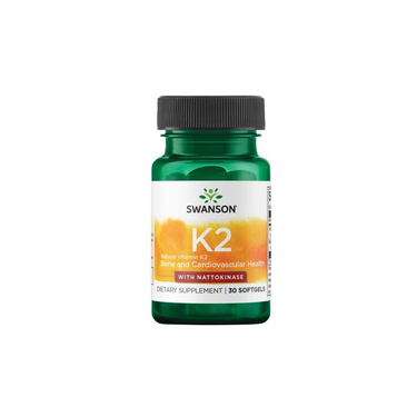Swanson's Vitamin K2 50 mcg with Nattokinase 100 mg offers 30 softgels designed to support bone and cardiovascular health.
